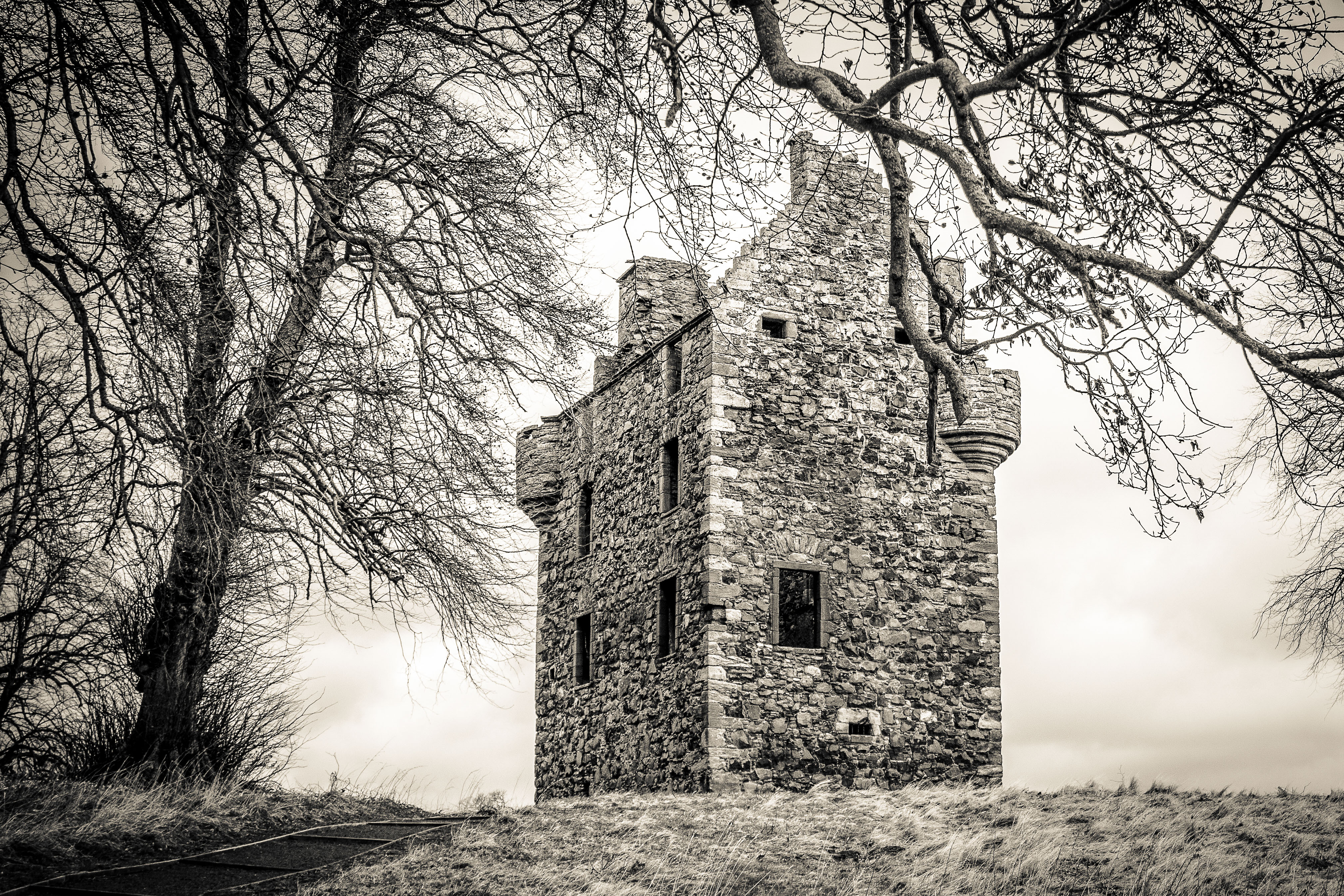 Greenknowe Tower in winter, bare trees framing the L-plan tower house against a pale sky
